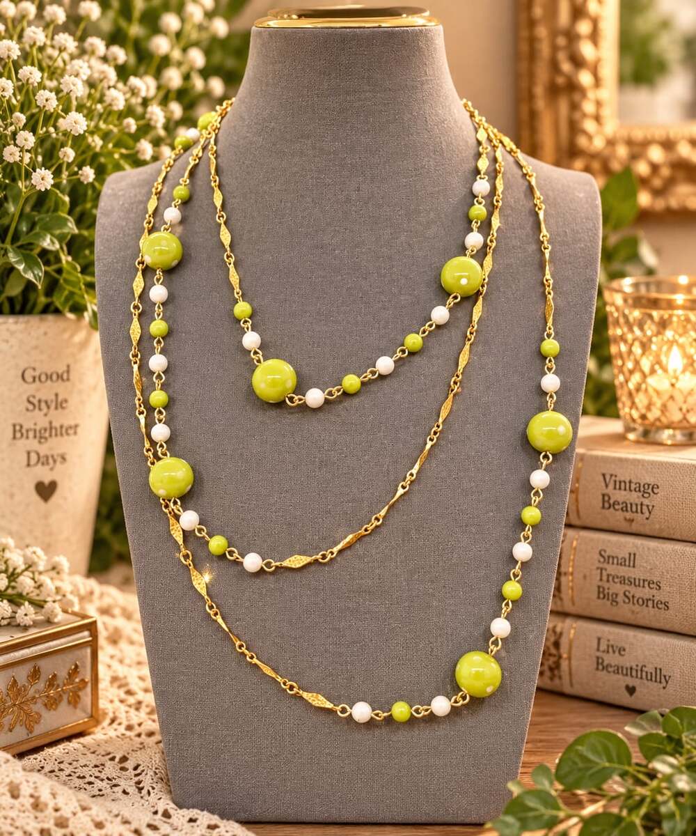 Vtg Gold Tone Necklace Green & White Polka Dot Beads LONG Retro Grannycore EUC